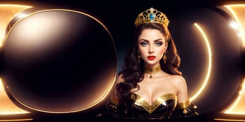 VR360 ultra high res, photorealistic regality, sophisticated princess persona, mirror reflection prominence. Makeup table detail, lip gloss application, cunning look. Sheer black ensemble, gold hoop earrings, sparkling red lips, blue-eyed charm, golden curls. Prominent tiara. 