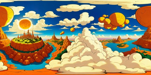 A dazzlingly detailed recreation of Dragon Ball's iconic floating islands and vibrant cities, monumental glowing dragon balls, majestic flying nimbus clouds, radiant energy beams crisscrossing a cerulean sky, an impeccable high-resolution masterpiece.