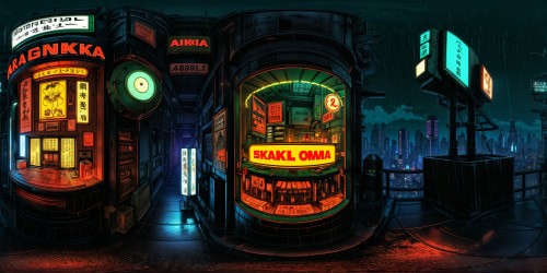 In a flawlessly detailed, ultra high-resolution Retro-Future corner bar reminiscent of Akira Toriyama's style, Cyberpunk neon signs cast a mesmerizing glow amidst the dark rain-soaked ambiance, perfectly capturing a mesmerizing Dragonball-inspired techno aesthetic.