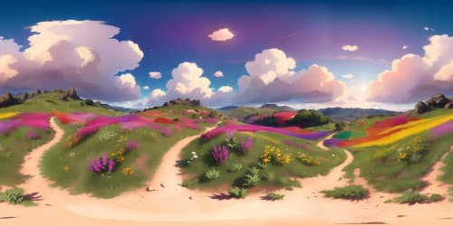 VR360 masterpiece, ultra high-res. Hillside vantage, panorama of vibrant flower field, red-blue-purple-orange-pink-yellow. Horizon boasting setting sun, VR360 skyview.