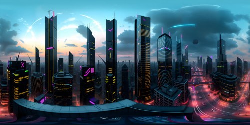 Ultra-futuristic skyline, VR360 high gloss chrome skyscrapers, neon-lit buildings, glittering, transparent highways in the sky. Multi-dimensional billboards, floating holographic projection, VR360 panoramic view. Inspired by Picasso's geometric masterpiece style, vivid, striking colors, optimum-high resolution.