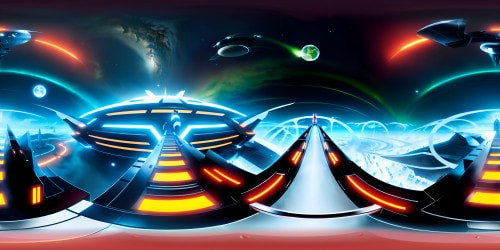 VR360 black spaceship bridge, symmetrical, sleek elegance, ultra-high resolution, neon orange accents. Detailed controls, seamless showroom floors, VR360 panoramic space view. Earth outlook, grandiose, epic 16K illustration, futuristic masterpiece.