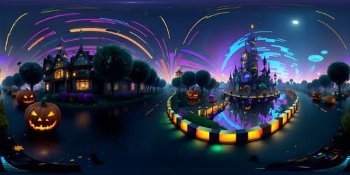 Masterpiece VR360 view, Zootopia Halloween, ultra-high-res moonlit cityscape. Pumpkin-illuminated streets, fantastical building silhouettes, spooky-charming aura. Pixar-style intricacies, immersive VR360 animation.