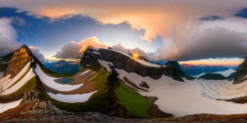 A stunning and flawless mountain vista at sunrise, light glinting off of crystal-clear lakes, towering snow-capped peaks, and cascading waterfalls, an ultra-high-resolution masterpiece captured in perfect detail.