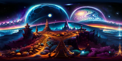 VR360 celestial panorama, grand Milky Way stretches, cosmic dust, nebula clusters, twinkling starry kaleidoscope. Ultra high-resolution VR360 experience, masterpiece-like precision. Grandeur style, digital painting hints, starlight reflections, vivid cosmic hues.