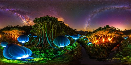 Lush bioluminescent alien forest on Pandora at night, vibrant glowing flora casting an ethereal light, stunning detailed masterpiece in ultra high resolution.