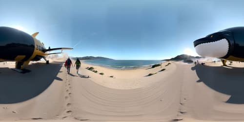 a couple is walking a cute white dog on malibu beach, while a whale is spraying water