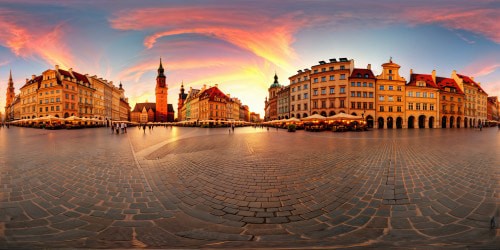 Impeccable, flawless view of Warsaw's Old Town Square at sunset, intricate architecture, glowing streetlights, bustling market stalls, golden hour glow, ultra high-resolution detail, cinematic masterpiece.