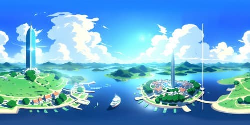 VR360 skyscraper, looming, Japanese aesthetic, V-Ray gloss reflections. Miniature cityscape, intricate details, anime-style, cell-shaded. Dominant cloud, ethereal, pristine, surreal. Figure atop, detailed perfectly, depth-of-field. Sky, digital masterpiece, ultra-high-resolution. VR360