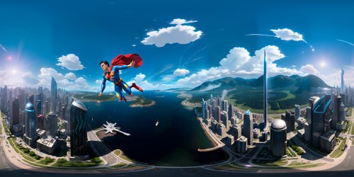 Comic-book style VR360 panorama, vibrant primary colors, Superman-like figure soaring. Towering glass-clad skyscrapers, intricate cityscape details below. Sunlit nimbus clouds, azure sky canvas, diffused, intense sunlight. Masterpiece allure, ultra-high-resolution VR360 rendering, immersive comic book aesthetic.