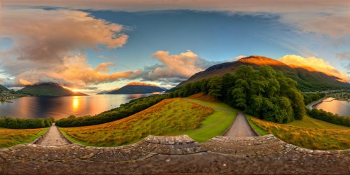 Majestic Fort William towering over the serene Loch Linnhe, surrounded by lush emerald forests and snow-capped peaks, bathed in the golden hues of a flawless Scottish sunset.