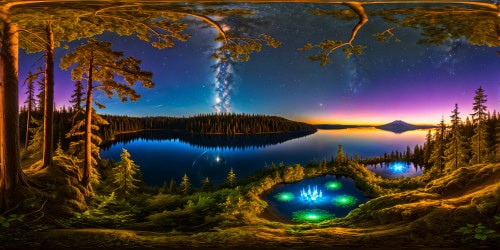 A breathtaking natural wonder of a bioluminescent starlit forest under a full moon, ethereal fireflies dancing among enchanted glowing trees, crystal-like vibrant fungi carpeting the forest floor, reflecting in a pristine mirror-like lake, casting a flawless radiance in mesmerizing 16K resolution.