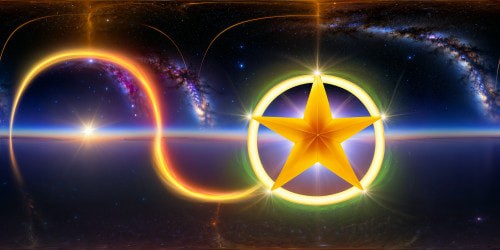 STANDING INSIDE A VERY LARGE GOLD COLOURED CIRCLE, ABOVE THE UNIVERSE. A   SUPER BRIGHT LARGE GOLD COLOURED STAR THAT IS  SURROUNDED BY RINGS OF    WHITE, ORANGE, LIGHT PURPLE, INDIGO, LIGHT RED, YELLOW, AND LIGHT GREEN,          SHINES DOWN FROM ABOVE ME.