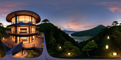 view from the balcony of an ultra futuristic Edo-modern inspired home on a densely forested hill of Japan, at dusk. other ultra futuristic luxury Edo-modern homes can be seen nestled among the hills in the foreground and in the distace, the warm light from the glowing like candles. Tranquil, uplifting atmostphere.