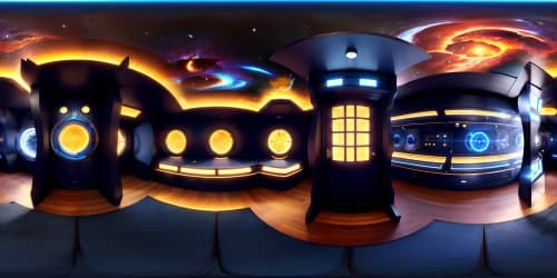 Inside Dr. Who's TARDIS, VR360 view, ultra high-res masterpiece quality. Time rotor pulsating, endless corridors, Gallifreyan symbols, massive control panel. VR360, Pixar-style interpretation, soft lighting, vibrant colors, hazy edges, artful contrast.