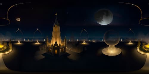 VR360: Five ethereal princesses, gossamer-like veils, resplendent in moon-kissed tower. Medieval gothic style, high-resolution details, stone parapets, delicate filigree. Pixar-style elegance, floating celestial bodies, night sky draped in stardust. Intricate lacework of stars, ultra-high-resolution, royal insignias, VR360 panoramic sky views.