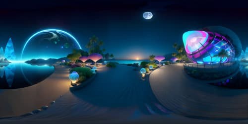 Masterpiece-quality VR360, ultra-high-resolution, moon's radiant glow on serene sea, tranquil beach foreground, grains of sand, glittering under moonlight, detailed sea shells, VR360 of undulating waves approaching shore, rich shades of blues, silvery moonlight illuminating seascape.