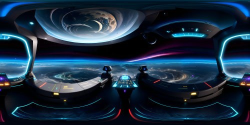 VR360 masterpiece quality, ultra-high-res spaceship bridge, navigational panels of futuristic design. Glowing holographic displays, VR360 view through panoramic window, luminous alien planet. Curvature of distant planet, ethereal celestial bodies, galaxies. Pixar-style vibrant colors, smooth textures.