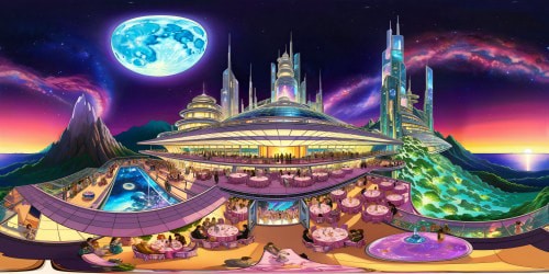 Luxurious moon base party under a star-studded sky, extravagant holographic displays, sleek futuristic architecture, shimmering lunar landscape, cascading Earthrise in flawless, ultra-high-resolution detail.