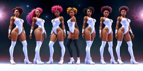 four african american women_wearing white and red leotards and thigh high boots_one woman has purple dreadlocks_