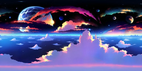 VR360 canvas, ultra high-resolution, crystal clear celestial bodies, masterpiece galaxy panorama, mesmerizing star clusters, artistically crafted nebulae, vibrant celestial hues, digital painting style, high-quality VR360 cosmic display.