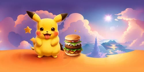fluffy Pikachu holds a cheese hamburger