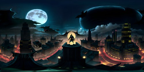 Gotham City VR360, night sky, full moon, Bat-Signal cutting through clouds. Skyline silhouette, Art Deco buildings, gargoyles galore, Batman's shadow looming. Ultra high-res, comic book style, striking contrasts, noir undertones. Dark Knight's VR360 masterpiece, impeccable quality.