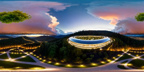 A flawless, breathtaking view of the cutting-edge Apple Park during a grand event, with vast perfected gardens, shimmering reflective glass buildings, futuristic architecture, twinkling lights under a starlit sky, high-resolution brilliance.