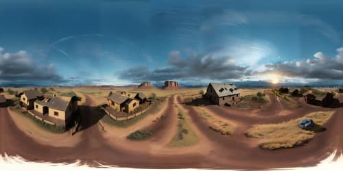 VR360 masterpiece, ultra high res, wild west expanse. Untamed plains, hillside perspective, old western style, distant sunset on the horizon in VR360. Best quality, nonpareil artwork.