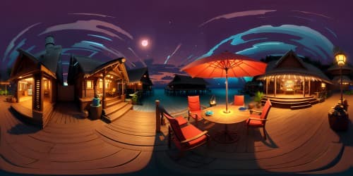 VR360 ultra-high resolution, luminous night scene, Maldives beach resort, glowing beach huts, glassy calm sea, star-studded sky, floating lanterns, breathtaking masterpiece quality, VR360 enigmatic moonlight reflection