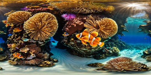 An unrivaled, unparalleled underwater coral reef teeming with vibrant tropical fish, elegant starfish, majestic anemones, and captivating jellyfish surrounding a stunning, detailed underwater world, where graceful, exquisite mermaids enchant the depths with their ethereal beauty and striking presence.