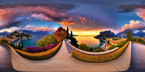 An unblemished, ultra-high-res depiction of the opulent Riva del Garda lakeside promenade perched on a luxurious hill, bathed in the exquisite light of twilight and a serene pastel sunset with purple horizon, contrasted by a looming autumn thunderstorm on the distant horizon, capturing the breathtaking vista with the sun shimmering distinctly, all set in a secluded private property just outside the cityscape, offering a flawless and stunning view.