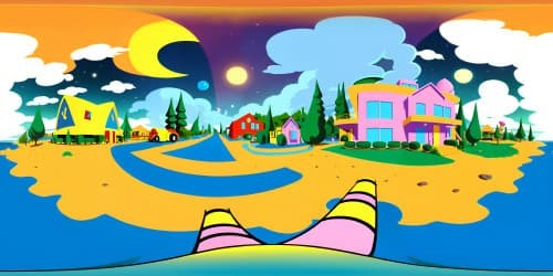 Simpsons' house, iconic cartoon architecture, vibrant color palette, exaggerated elements, VR360 view. Ultra-high resolution, VR360 experience, Simpsons' style delicacy, optimal quality. Surreal Springfield skies, comical clouds formation, exaggerated sunset hues.