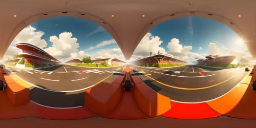 Masterpiece quality, ultra-high resolution, VR360 scene of vibrant red cars. Glossy, sleek surfaces glinting under golden sunlight, parked on a checkered race track. Expansive sky view, streaks of white clouds dotting an azure canvas. Reflective chrome accents accentuating the VR360 perspective. Style: Hyperrealistic digital painting.