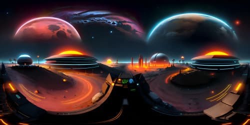 Ultra-high-resolution masterpiece, Cowboy Bebop-inspired, Mars dome city, intricate structures, subtle red martian glow, dome shimmer, sweeping crater rim backdrop, VR360 cityscape within oxygen bubble, VR360 immersive, grand-scale, futuristic