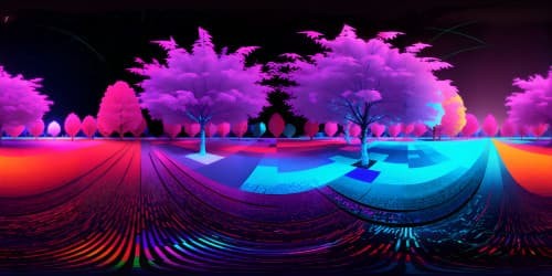 Masterpiece VR360 scene, ultra-high resolution, surreal art style, cobalt blue apple tree in focus. Absolute minimalism, striking contrast against pristine white sky. VR360 view, radiant chromatic aberrations.