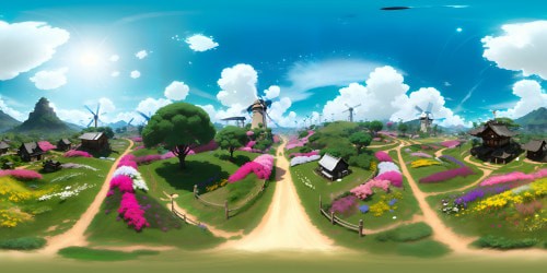 Genshin Impact-inspired, picturesque fields, vibrant anime-style, fantasy landscape, lush grasslands, towering windmills, VR360 immersive flora. Elemental glyphs, luminous treasure chests, floating islands, complex constellation patterns, vast starry VR360 skyline, monoliths emitting ethereal glow. Crisp, ultra-high resolution,