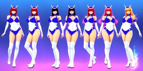 four women wearing white leotards with thigh high boots. they are evil sorceresses'. they are african american women