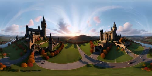 hogwarts school grounds at sunset with vast hills and landscape