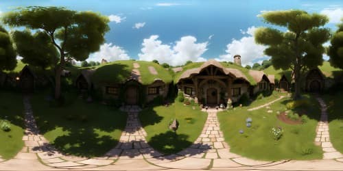 Masterful, VR360 Shire vista, Bag-End panorama. Hyperrealistic, ultra high-res, Lord of the Rings inspired. Idyllic hobbit-hills, vibrant greenery, striking, round doors. Delicate balance, fantasy-art stylization, pastoral charm.