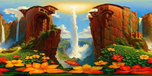 A breathtakingly detailed, ultra high-resolution depiction of a stunning and ethereal fantasy world, featuring intricate, vibrant landscapes, majestic ruins, cascading waterfalls, and vibrant flora under a mystical, kaleidoscopic sky, a digital masterpiece.