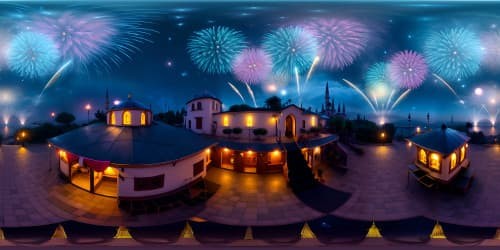 Istanbul silhouette, exquisite minarets, star-lit Bosporus, ultra high res. Blooming galaxy fireworks, vibrant cosmic colors, twinkling celestial bodies, VR360 mesmerizing spectacle. Masterpiece style, digital art techniques, intricate detailing, VR360 immersive view.