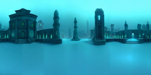 Underwater scene, Lovecraftian sunken temple city with tall tower made of green marble, statues of squid men, murky lighting