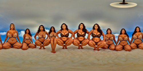 In a luxurious, impeccably detailed photography studio, diverse models pose together in an intimate circle, showcasing a range of supple skin textures and captivating curves. The scene exudes a magazine-inspired aesthetic with softly lit figures exuding a proud full glow, their forms artfully idealized in breathtaking, ultra-high-resolution detail. The composition celebrates the full-figured beauty of the subjects, highlighting their slim waists and striking lingerie in a meticulously crafted masterpiece of artistry and sensuality.