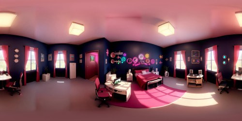 Goonette pleasure bedroom, VR360 panorama, neon ambience, dark-lit glamour. Array of screens, VR360 display, vibrant tech-toys. Subtle traces, used gizmos, textual glimmers. Style: Ultra high-resolution, digital-art masterpiece, noir-like glows, dark aesthetic.