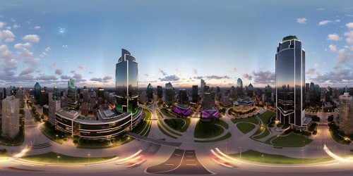 Dallas skyline, Reunion Tower, lit-up, ultra-high resolution. Modern skyscrapers, reflective glass, VR360 daytime panorama. Maximalist style, vibrant colors, soft shadows. Trinity River, foreground, minimal, unobtrusive. VR360 masterpiece, Dallas, Texas, in digital art form.