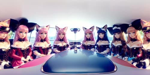 VR360 masterpiece in photorealistic style, five princesses in distinctive stances. Attire: white fur, pink highlights. Facial aspects: sapphire-blue eyes, red-glossed lips. Detailing: golden hair strands, polished cat ears. Exceptional resolutions for VR360