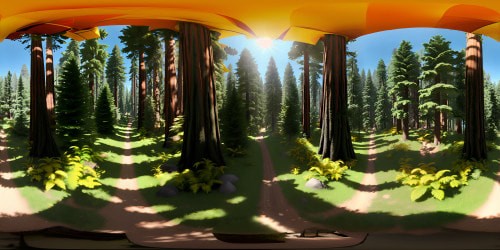 Majestic Redwood forest, sunset-drenched trails, VR360 Muir Woods panorama. Ultra high-res mariposa grove hike, photorealistic style. Best quality VR360 masterpiece: towering trees, sunbeams filtering through dense foliage, forest floor carpeted with ferns.