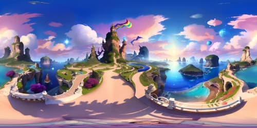 Masterpiece quality, ultra-high resolution VR360 panorama, rainbow sunset bathing the ocean, craggy mountain encircling, ethereal dragons in flight around luminous waterfall, VR360 view immersed in Pixar-style fantasy.