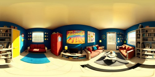 VR360 of Sheldon Cooper's living room, lone spot-on couch, absence of human presence. Awe-inspiring, ultra high-res, imaginary blend of real and Pixar-style. Room details - physics equations, whiteboard, action figures. Walls, shelving, comic book-encrusted coffee table, in essence, Big Bang Theory's vibe. VR360 view dominated by geek-chic paradise, immersive mastery.